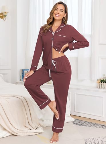 Image of Veseacky 100% Cotton Women's Pajama Set Long Sleeve Button Down Sleepwear Soft Pjs Lounge Sets Nightwear Pjs XS-XXL