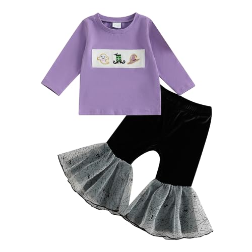 Image of wybzd Toddler Girl Halloween Outfit Baby Ghost Witch Hat Crewneck Sweatshirt Spider Web Mesh Bell-Bottoms Pants Sets