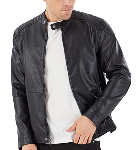 Image of WULFUL Men's Stand Collar Leather Jacket Motorcycle Lightweight Faux Leather Outwear