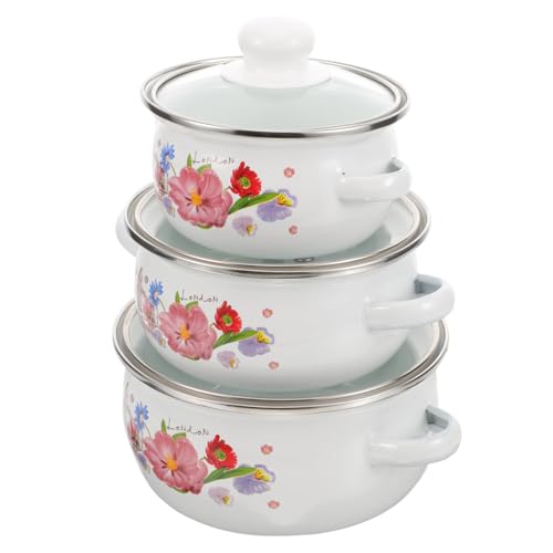 Ipetboom 3 piezas Olla Esmaltada Pequeña con Tapa y Doble Asa Olla Vintage para Guisos y Sopas Floral Retro para Cocina Eléctrica Inducción y Gas