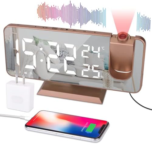 EVILTO Projection Alarm Clock for Bedroom Ceiling Digital Alarm Clock Radio with USB Charger Ports, 7.3" Large LED Screen Alarm Clock, 4 Dimmer, Dual Alarm Clock with 2 Sounds, Snooze, Rose Gold