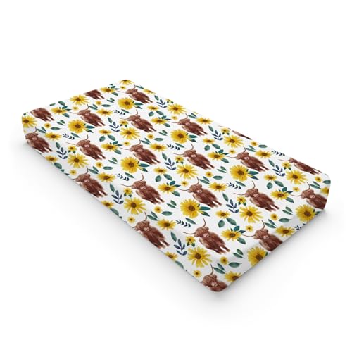 Image of Highland Cows Boho Sunflowers Changing Pad Cover Cute Yak Floral Diaper Changing Table Cover Sheets for Boys Girls Soft Breathable Stretchy Fitted Changing Table Mats 32''x16''