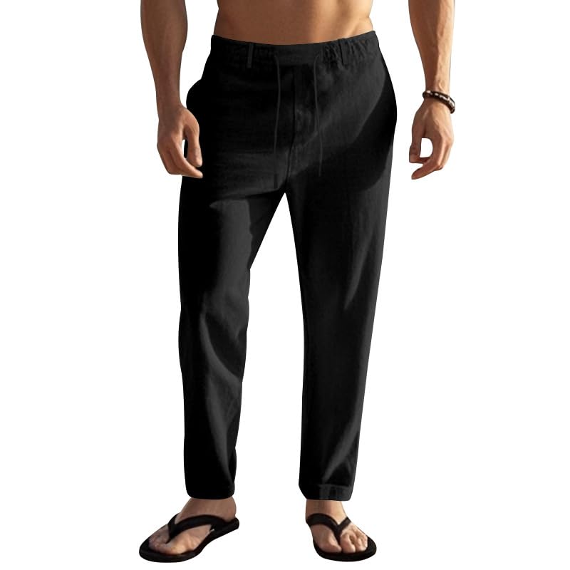 Mens Casual Linen Lightweight Elastic Waist Drawstring Summer Beach Trousers Pants