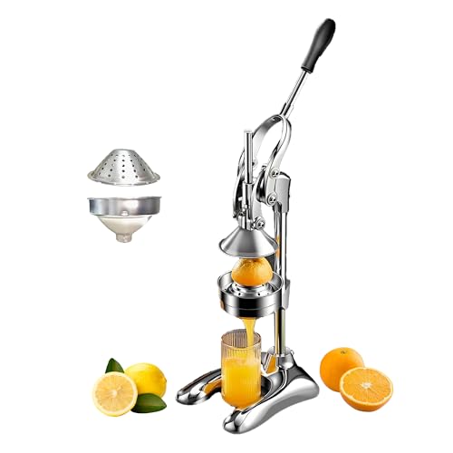 KAJILE Spremiagrumi Manuale,Spremiagrumi in Acciaio Inox con Leva di Pressione,Spremiagrumi manuale con due set di coperchi di pressione e filtri per limoni e arance,Bianco Argento