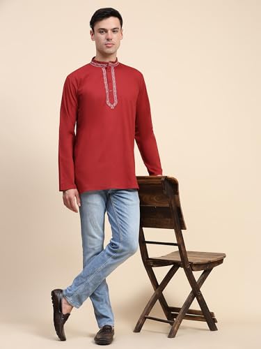 Image of SKAVIJ Men's Cotton Embroidered Kurta Shirt - Long Sleeve Traditional Indian Tunic for Casual
