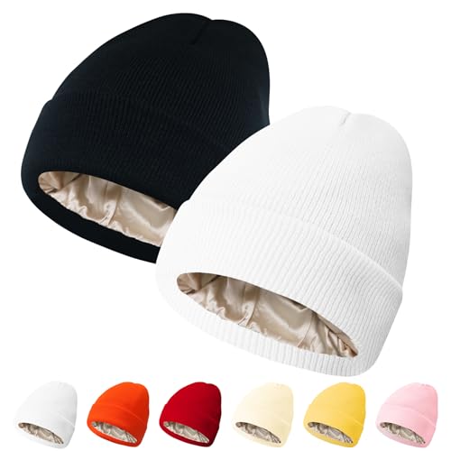 Image of PFFY Womens Satin Lined Beanie Silk Lining Winter Hats Beanies for Women | Silk Feeling Lining, Soft Slouchy Beanie Hat, Protect Hair Reduce Frizz, Winter Hat for Cold Weather, Essential for Outdoor