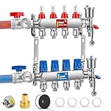 Moonshan 4-Branch Radiant Heating PEX Manifold Kit for Hydronic Radiant Floor Heating Stainless Steel Manifold Kit for PEX Tubing (1/2’’ and 3/4’’ adapters included)