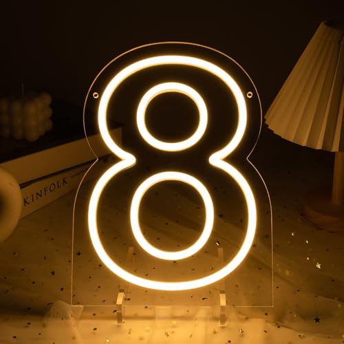 Image of Number 8 LED Neon Sign Backdrop Birthday Party Decoration, 11.3 inch Height Warm White Marquee Number Eight Light Up Sign for Wedding Anniversary Window Wall Table, Indoor Battery Operated or USB