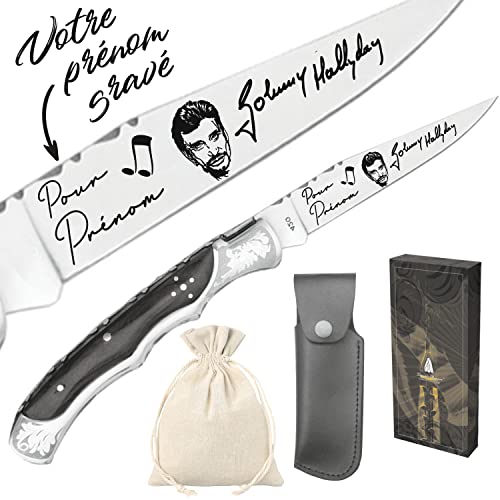 Couteau Johnny Hallyday - Marque Laguiole Bougna avec signature - Cadeau pour homme : fan de Johnny, fête des pères, papa, tonton, grands pères (papi, papy) anniversaire, cadeau de noël