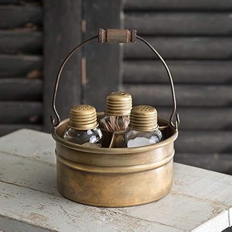 Attractive and Graceful Round Bucket Salt Pepper and Toothpick Shakers Caddy Set - Antique Brass. Rustic Farmhouse Table Decor, Vintage Home Decoration, Restaurants and Gift Cover