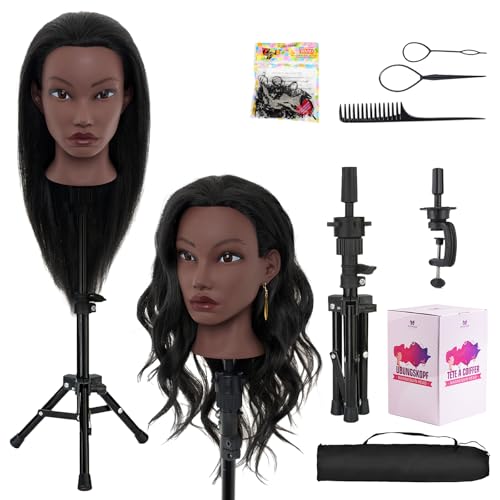 20 Inch Mannequin Head Human Hair with Stand,Real Hair Mannequin Head for Braiding,Cosmetology Manikin Doll Head for Styling with Mannequin Head Stand Table Clamp Hair Braiding Set