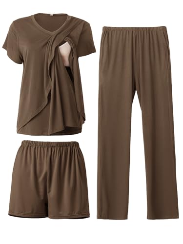 Image of Rnxrbb 3 PCS Nursing Pajamas Set Postpartum Pjs Breastfeeding Sleepwear for Women Double Layer with Pockets