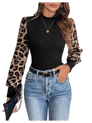 GORGLITTER Damen Bluse Elegnat Oberteile mit Leopardmuster Blusetop Langarm Modern Bluseshirt Office Casualshirt mit Puffärmeln Schwarz S