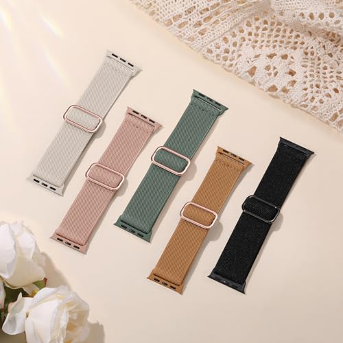 Image of Easuny 5 Pack Stretchy Bands Compatible with Apple Watch 40mm 41mm 42mm 38mm 44mm 45mm 46mm Women, Elastic Fabric Nylon Strap Wristband for iWatch SE 3 2 1 Series 11 10 9 8 7 6 5 4 3 Boho Solo Loop