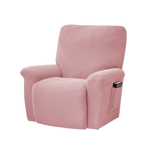 CONRUSER Stretch Recliner Chair Covers, 4-Piece Soft Sofa Cover Thick Single Seat Couch Cover Jacquard Recliner Slipcover with Pocket (Pink)