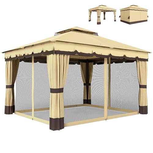 Outsunny Cenador de Jardín 3,7x3 m, Pabellón de Jardín Gazebo con Doble Techo, 4 Cortinas y Mosquitera, Marco de Acero, Orificios de Drenaje, UV30+, para Exterior, Terraza, Patio, Beige