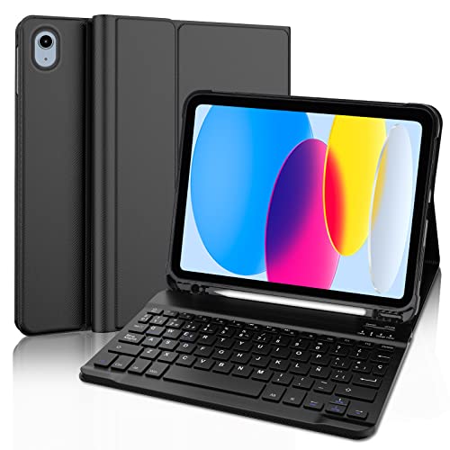 IVEOPPE Funda con Teclado iPad 10/11 Generación A16, Teclado Español Ñ Desmontable Inalámbrico Bluetooth para iPad 10 Generación 2022/11 Generación A16 2025 (10.9/11 Pulgada), Negro