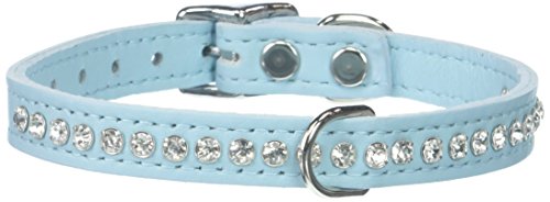 Image of Signature Leather Crystal Dog Collar, Baby Blue Solid Grain Leather, Fits 9.5 inch-11.5 inch Neck Size, 14 inch Overall Length