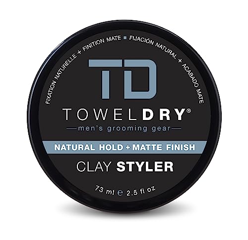 Towel Dry Clay Styler Natural Hold + Matte Finish - Men's Hair Styling Clay Pomade - 5/10 Hold - Fragrance Free Texture - Easy Washout Formula - Men's Grooming Gear, Made in USA, 2.5 fl oz (73ml)