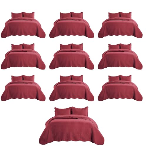 IR Imperial Rooms Queen Quilt Bedding Set (90" x 96") - Bulk Pack of 10 Wholesale for Hotels, Guest Bedroom & Airbnbs - Lightweight Microfiber Reversible Embossed Quilts Bedspreads (Burgundy)