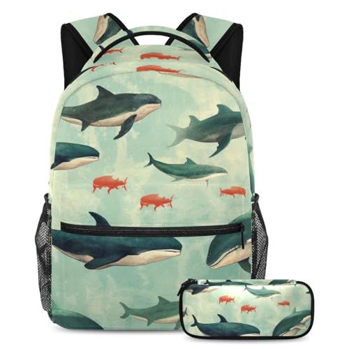 Cartable Underwater World Whale Group grand sac à dos et trousse pour école