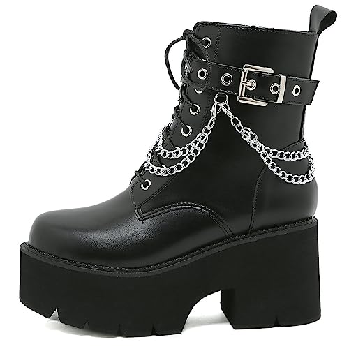 Image of Parisuit Womens Goth Patent Ankle Boots Platform Chunky Combat Boots