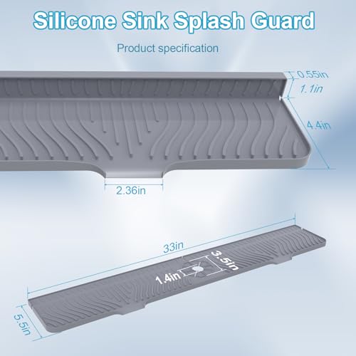 Image of Derlights 33 inch Sink Splash Guard Mat, Silicone Faucet Handle Drip Catcher Tray, Longer Silicone Sink Mat for KitchenBathroom, Drip Protector Splash Countertop (Gray)
