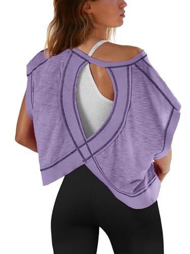 Image of SENSERISE Womens Open Back Workout Tops Backless Short Sleeve Athletic Shirt Running Crop Top Gym Yoga Tee