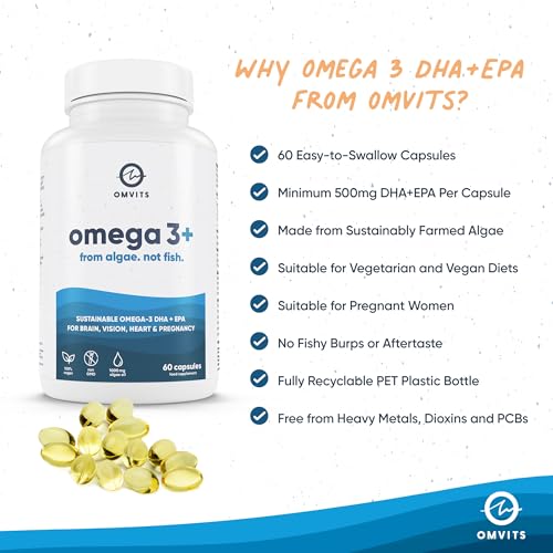 Omvits Vegan Omega 3 DHA & EPA from Algae Oil 1000mg - 60 Softgel Capsules with Vitamins C and E - Sustainable Algae Oil Omega 3 to Fish Oil - Vegetarian Fatty Acids - Supports Heart, Brain & Eyes