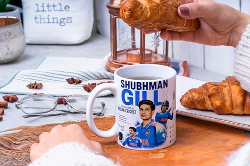 Image of Cricket Theme Coffee Mug IPL Edition - Stylish Helicopter Shot Print Cup - Gift for Cricket Fans, Boys & Friends (shubhman gill, Large)