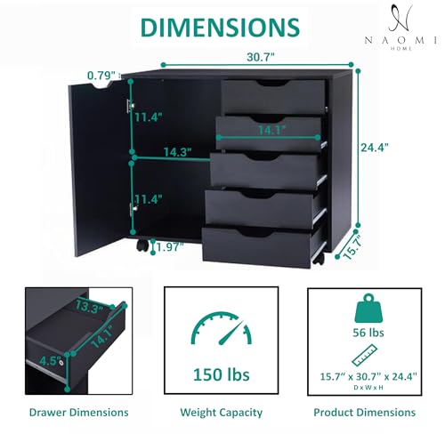 Image of Naomi Home Rolling Storage Cabinet with 5 Drawers & Side Cabinet, Engineered Wood Organizer with Shelves, Handle-Free Design & Swivel Casters for Home Office, Kids Room & Entryway - Black