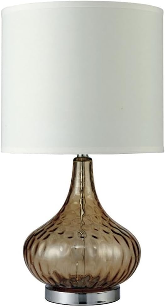 BOWERY HILL Modern Glass Table Lamp, 25 in Tall, Amber Finish, Clear Glass Body, Chrome Circular Base, Drum Shade, Contemporary Style Lighting for Living Room or Entryway