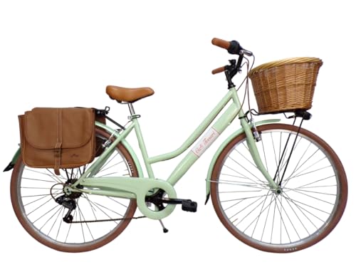 Cicli Tessari   Bicicleta para mujer, bicicleta urbana, city bike de paseo 28'' con cambio retro vintage, cesta de mimbre, bolsas laterales (verde)