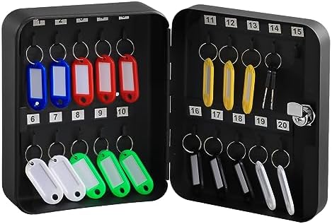KYODOLED Key Cabinet Wall Mount,Locking Key Organizer,Key Lock Box with Key,Key Management,20 Key Hooks & Tags Key Lab,7.8"x6.3"x3.14" Black