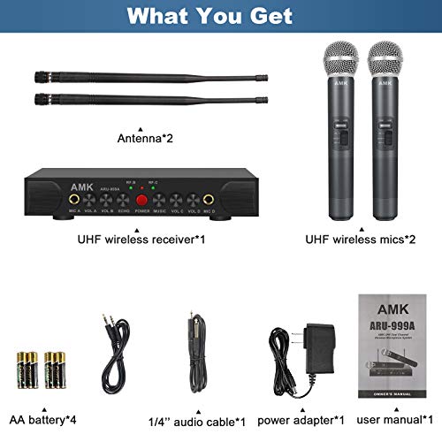 Wireless Microphone System with Echo, AMK UHF Dual Cordless Mics Receiver with 1/4’’ Input Jacks for Two More Wired Mics, All Metal, Easy Setup, Echo Control, for Karaoke/Public Address ARU-999B