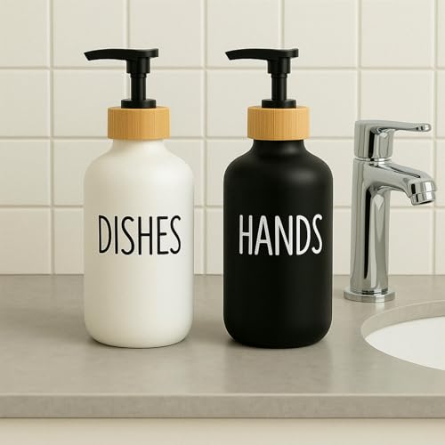 Image of Dimeho 4 Pcs Glass Soap Dispenser, Hand Soap Dispenser Set Black Refillable Shampoo Conditioner White Farmhouse Decor Accessories for Kitchen Bathroom