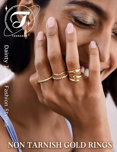 image for THUNARAZ 14K Gold Plated Rings for Women Non Tarnish Stackable Chunky 