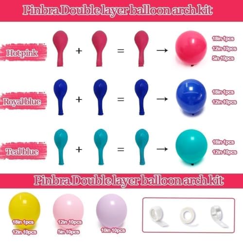 Image of Hot Pink Blue Yellow Balloon Garland, Double Stuffed Royal Blue Teal Lavender Balloons Pastel Balloon Arch Kit for Tropical Hawaii Graduation Birthday Baby Shower Party Decorations