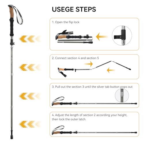 FEILU Trekking Poles, Lightweight 2 Pack Folding Hiking Poles with Metal Quick Lock, Adjustable Height, Aircraft-Grade Collapsible Aluminum Walking Sticks for Men & Women