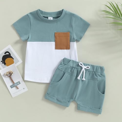 LIUNLU Baby Boy Summer Outfits Soft 100% Cotton Patchwork T-Shirt and Shorts 2Pcs Set with Pockets for Toddler Infants Green — view 2