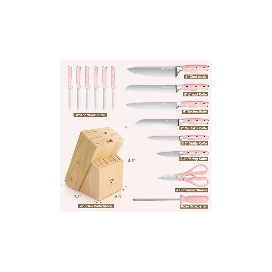 Kitchen-Knife-Set15-Pieces-High-Carbon-Stainless-Steel-Knife-Block-Set-with-Wood-BlockCutlery-Block-Knife-Set-Forged-Triple-RivetRazor-Sharp-Blade-Ergonomic-HandleDishwasher-Safe-Pink Kitchen Knife Set,15-Pieces High Carbon Stainless Steel Knife Block Set with Wood Block,Cutlery Block Knife Set, Forged Triple Rivet,Razor-Sharp Blade Ergonomic Handle,Dishwasher Safe (Pink)
