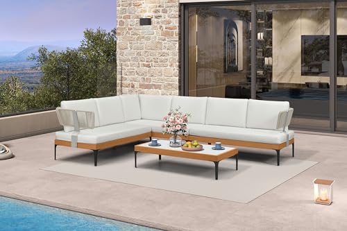 Image of PURPLE LEAF Patio Furniture Set Outdoor Sectional Sofa with Coffee Table Fade-Resistant Cushions Wicker L-Shaped 7 Pieces Aluminum Conversation Sets for Balcony Yard Garden Poolside, White