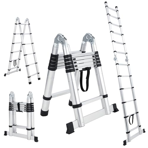14.5FT Telescoping Ladder with Tool Tray, Extension Ladder Aluminum Folding Ladder Collapsible Ladder, Telescopic Ladders Foldable Extendable Ladder for Home Homeuse Rv Attic Roof