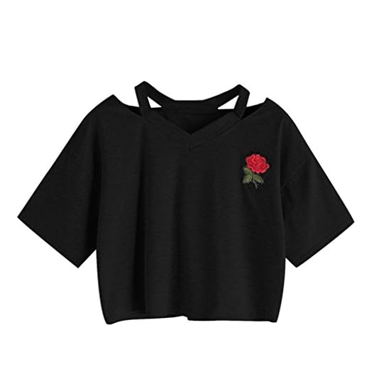 Goodsatar Mujer Rosa Manga corta Casual Camiseta Mezcla de algodón Cuello en V Chaleco Tops Blusa (S, Negro)
