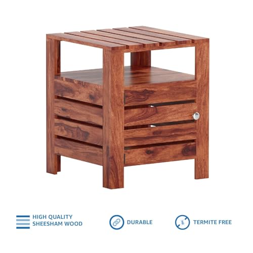 Image of Amazon Brand - Solimo Solid Sheesham Wood Poshe Side Table with Bottom Shelf and Cabinet (Natural Finish)