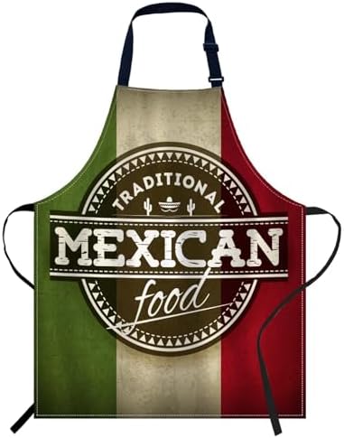oFloral Label for Mexican Food with Grunge Flag Apron Unisex Adjustable Bib Apron, Cooking Kitchen Chef Apron, Women Men Apron for Home Kitchen, Restaurant, Coffee house