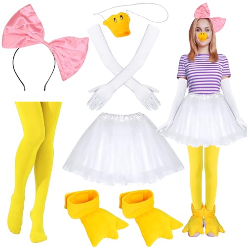 6PCS Duck Costume for Adult Women - Duck Feet Costume Includes Bow Headband Nose Gloves and Socks Tutu Skirt and Duck Slippers for Halloween Cosplay Party Yellow