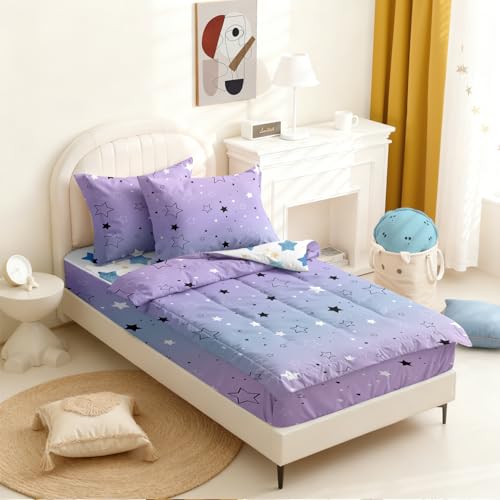 Image of Kids Comforter Set,Zipper Bedding Twin for Girls,Star Printed Comforter Set with Blue Stars Fitted Sheets and Pillowcases for All Season(Star Twin)