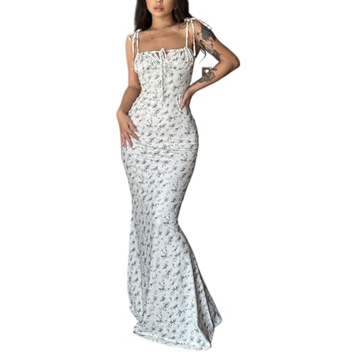 Image of Women Floral Printed Spaghetti Strap Maxi Dress Long Dress Backless Tie Shoulder Mermaid Dress
