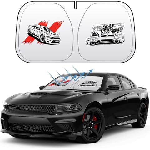 Car Windshield Sun Shade with Unique Logo Compatible for Dodge Challenger Charger Hornet Blocks UV Rays Sun Visor Protector Front Window Sunshade Visor Accessories (Comic, Charger) Cover